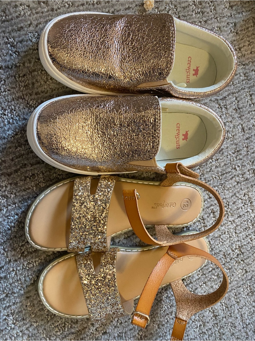 2 pairs Girls Glitter Strap Sandals and  Gold shoes. Size 12 toddler